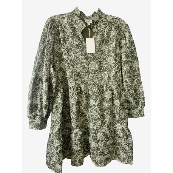 Plus Size Women's Olive Green Floral Dress Ruffle Long Sleeve V Neck Flared 2XL - Picture 2 of 9